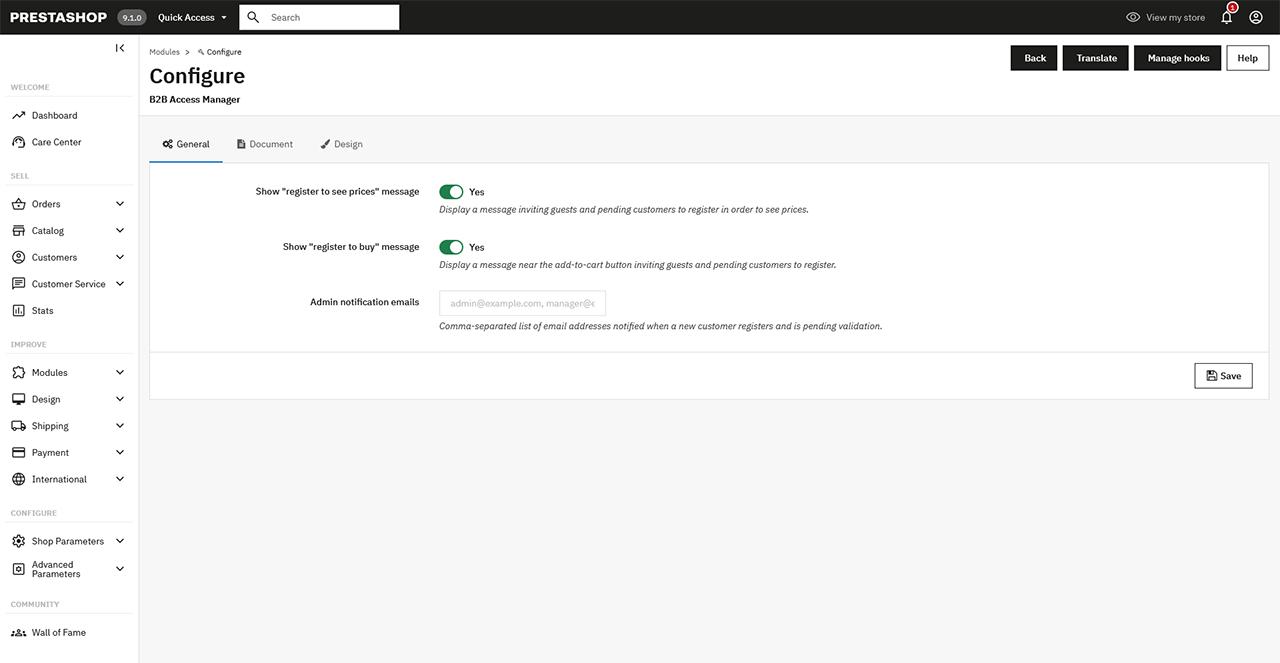 General: frontend messages, visibility rules and admin notification emails