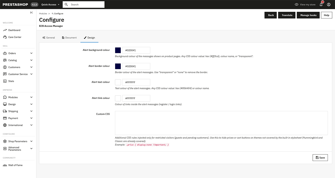 Design: alert colours and custom CSS for restricted visitors